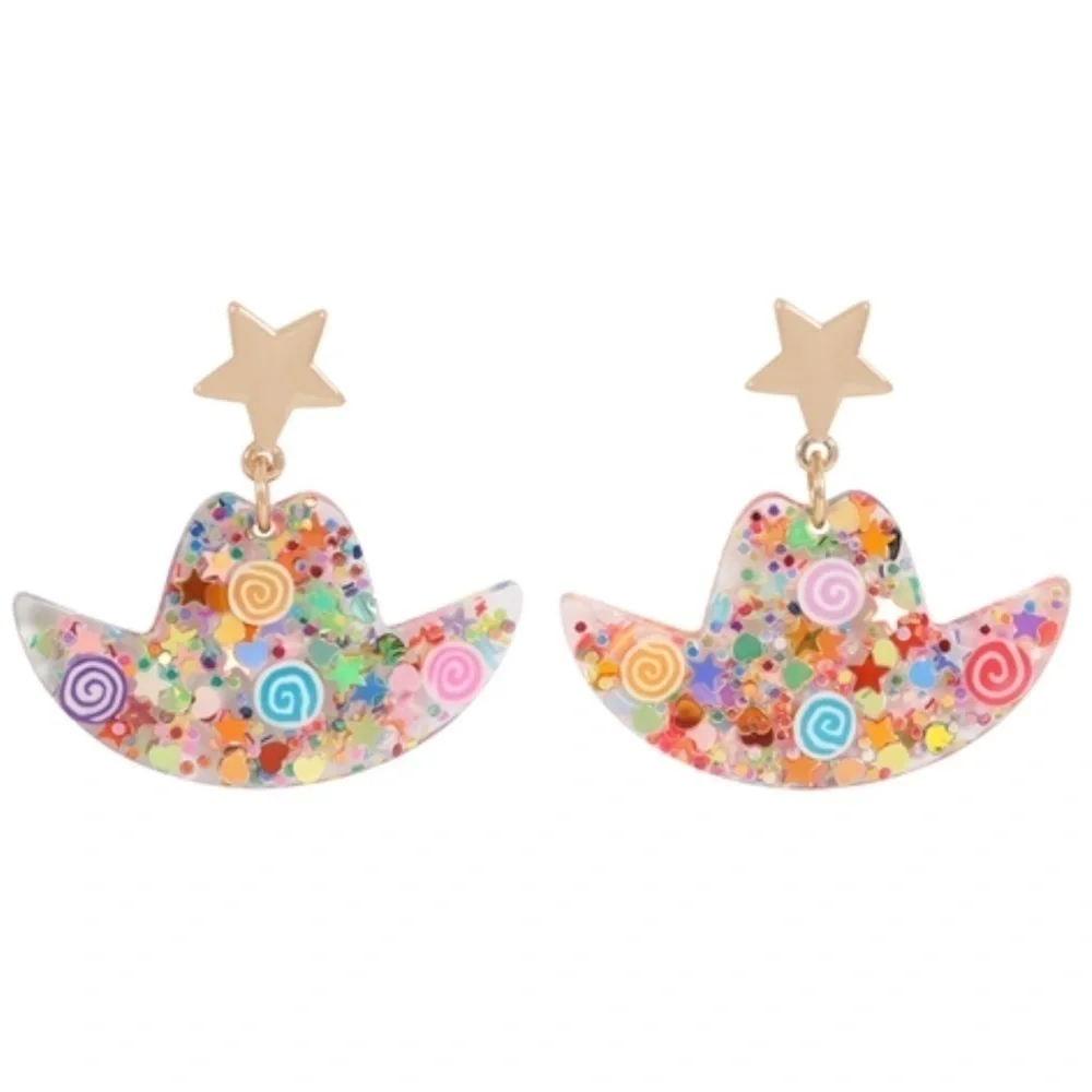 2/$30 - Resin Glitter Cowboy Hat Star Drop Earrings Pink Gold